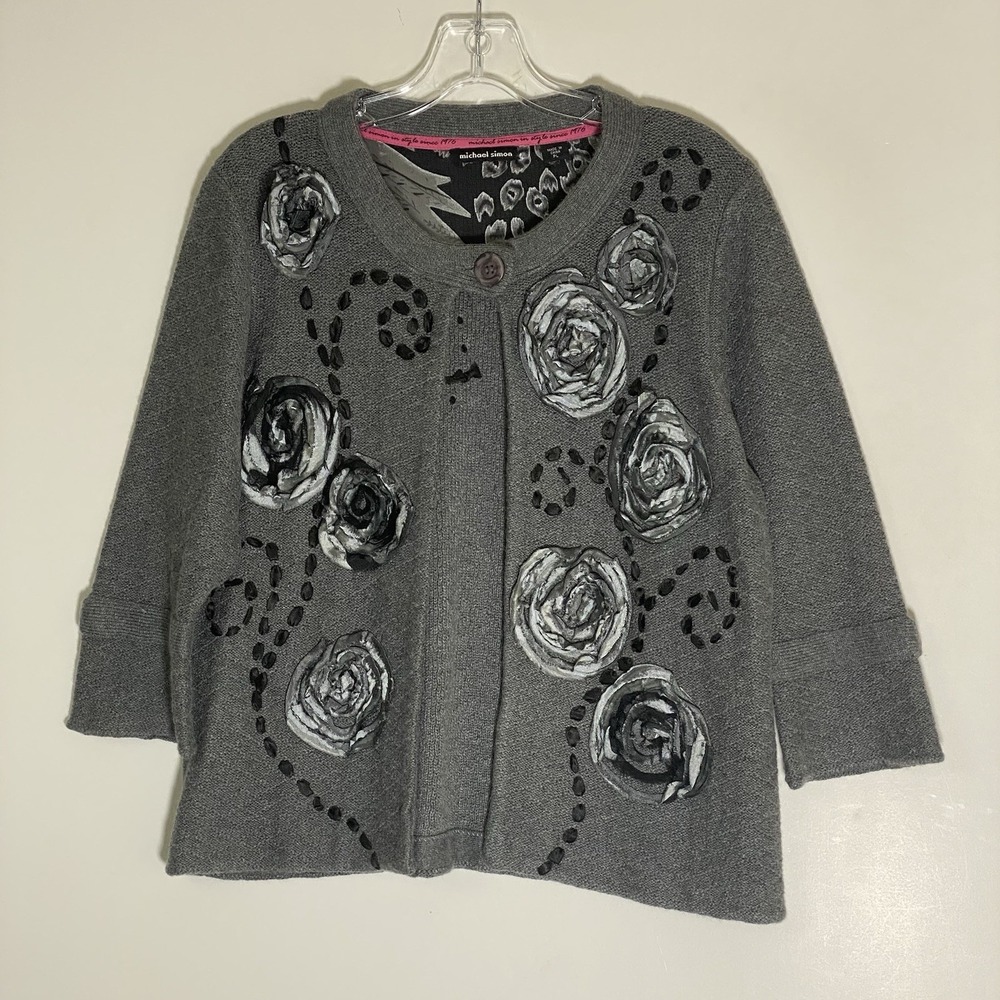 Michael Simon Cardigan Sweater Womens PL Gray Rosette Floral Embroidered Classy